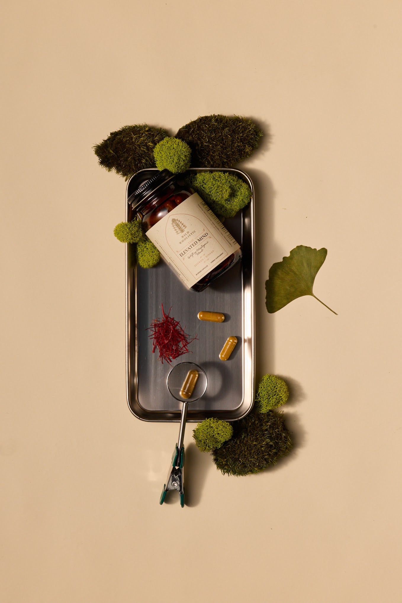 The Elevated Mind and leaves on a tray.
