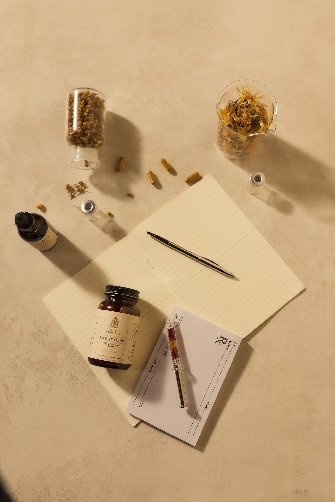 The Elevated Mind, papers, and a pen on a beige surface