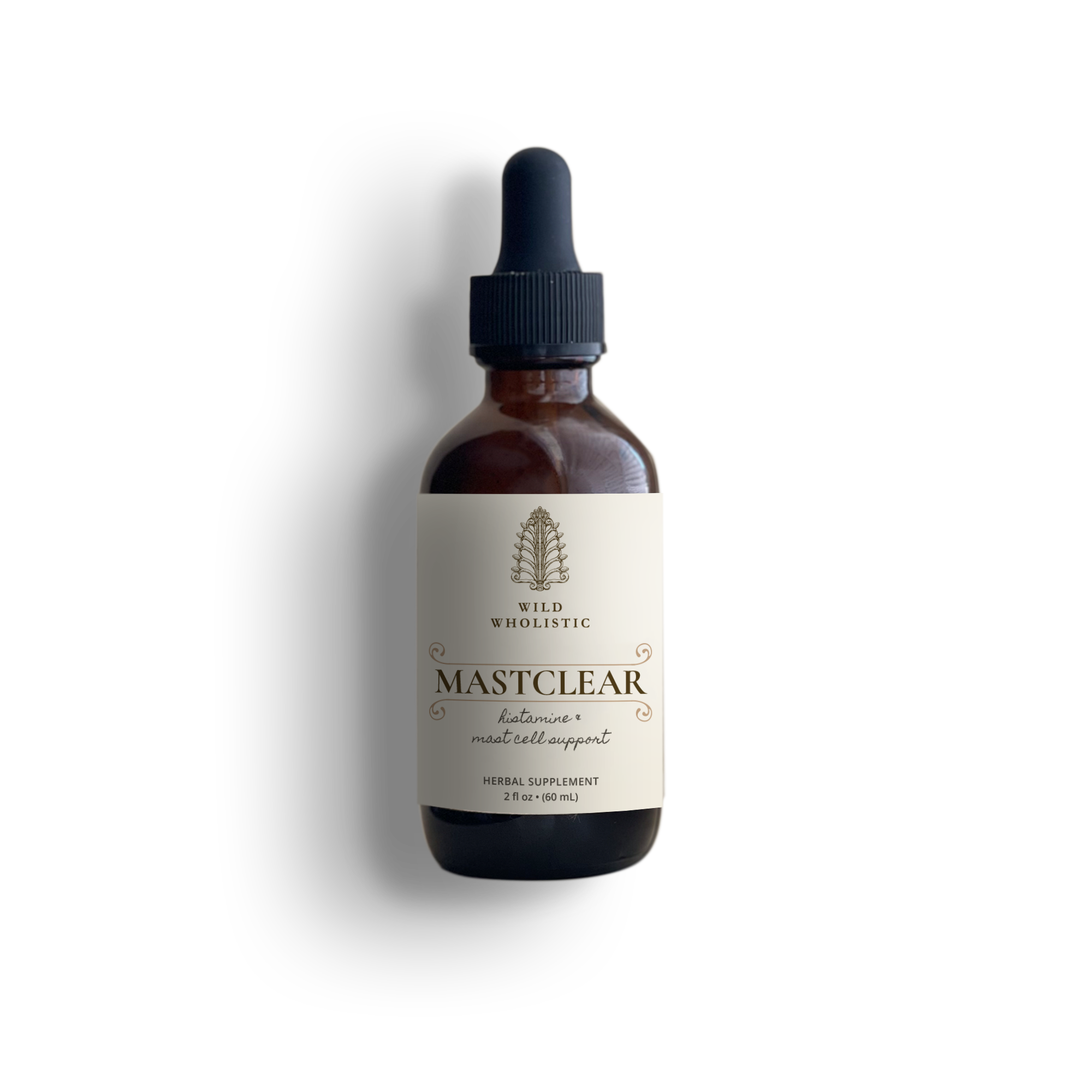 Bottle of Mastclear supplement with dropper on a white background