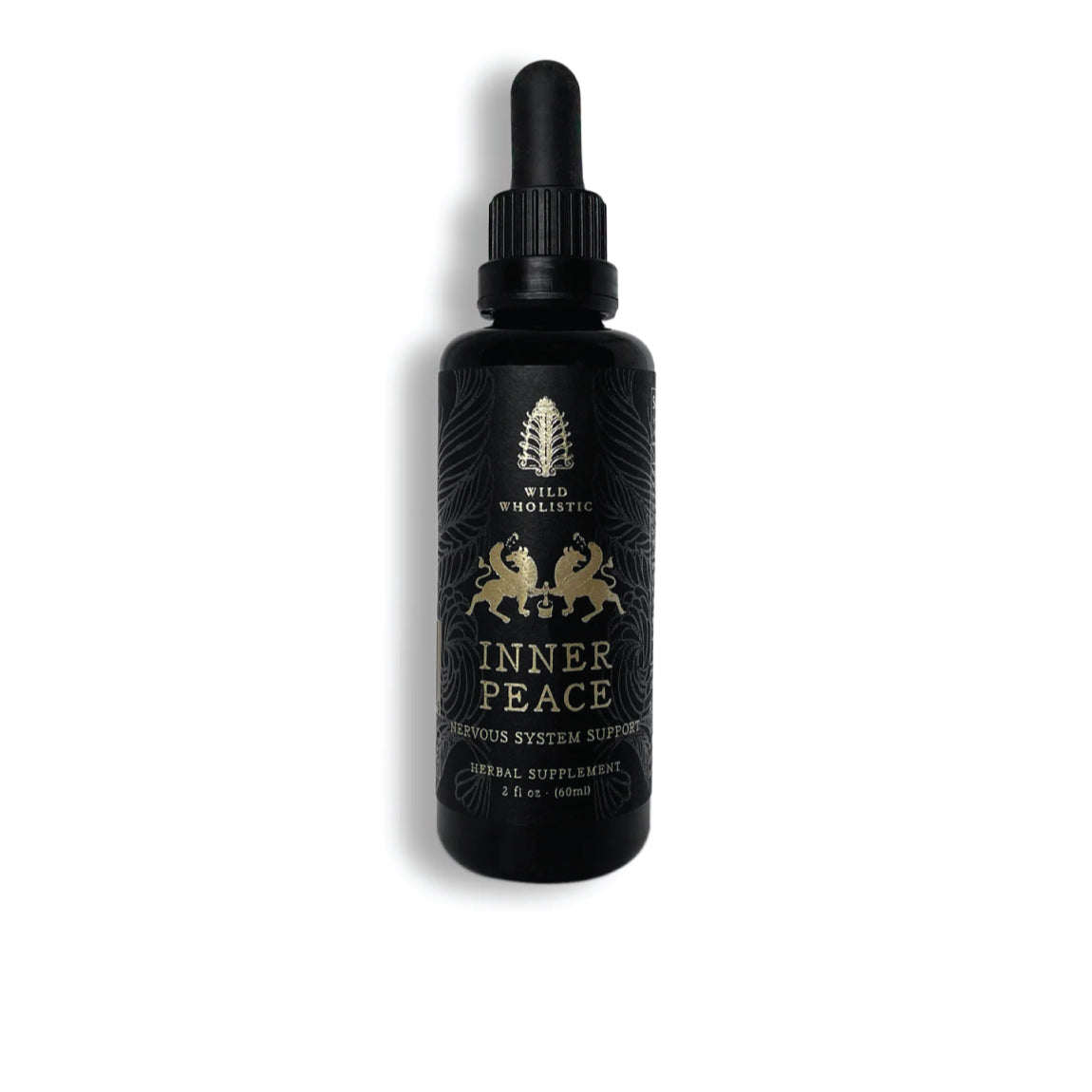 Black bottle of 'Inner Peace' with a dropper on a white background