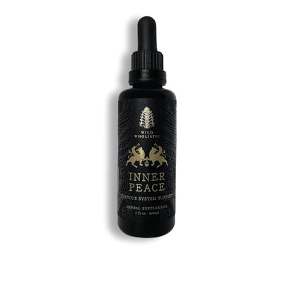 Black bottle of 'Inner Peace' with a dropper on a white background