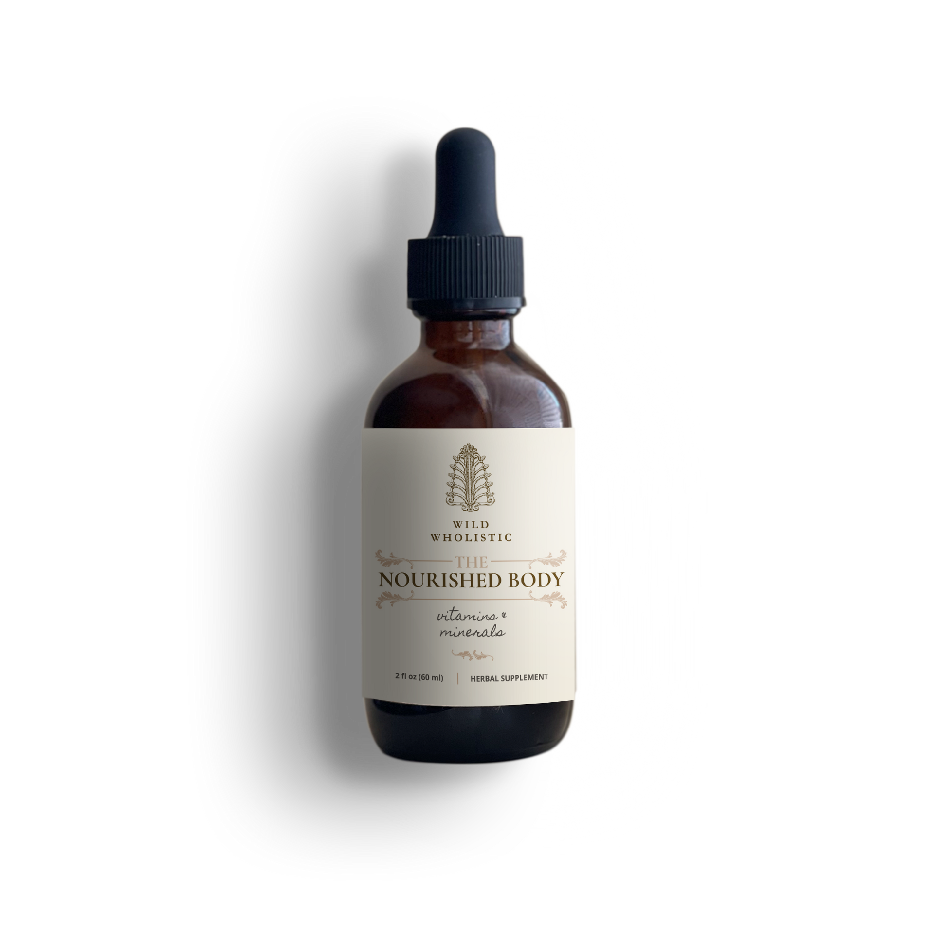 A bottle of 'The Nourished Body' supplement with a dropper cap, set against a plain background.